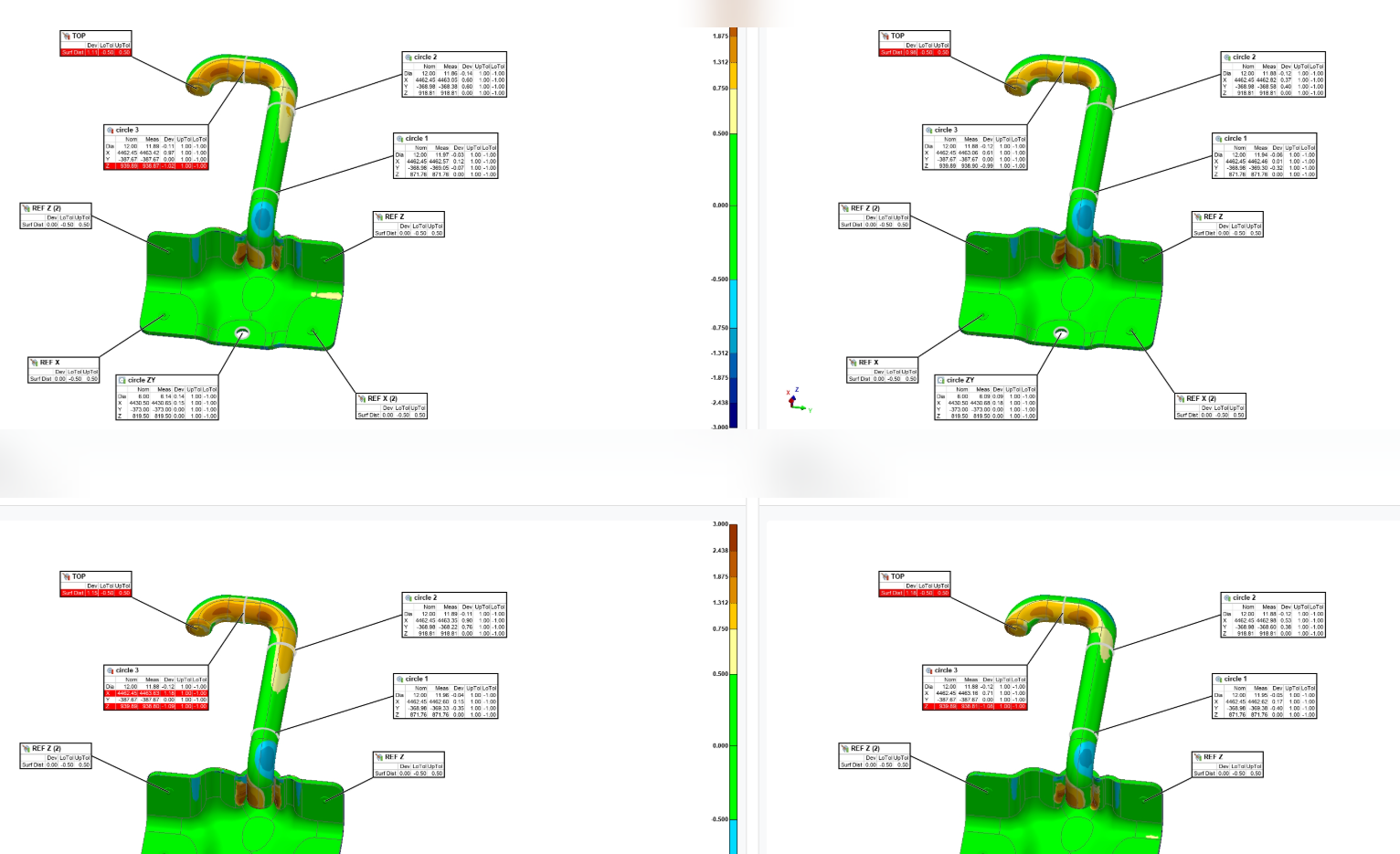 Cuatro vistas 3D simultáneas de un manifold con anotaciones de circles, datums y referencias